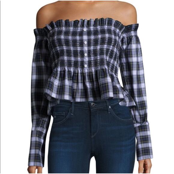 Petersyn 'Blaine' Dover Check Off-the-Shoulder Peplum Top M Plaid Academia Boho - Picture 1 of 11